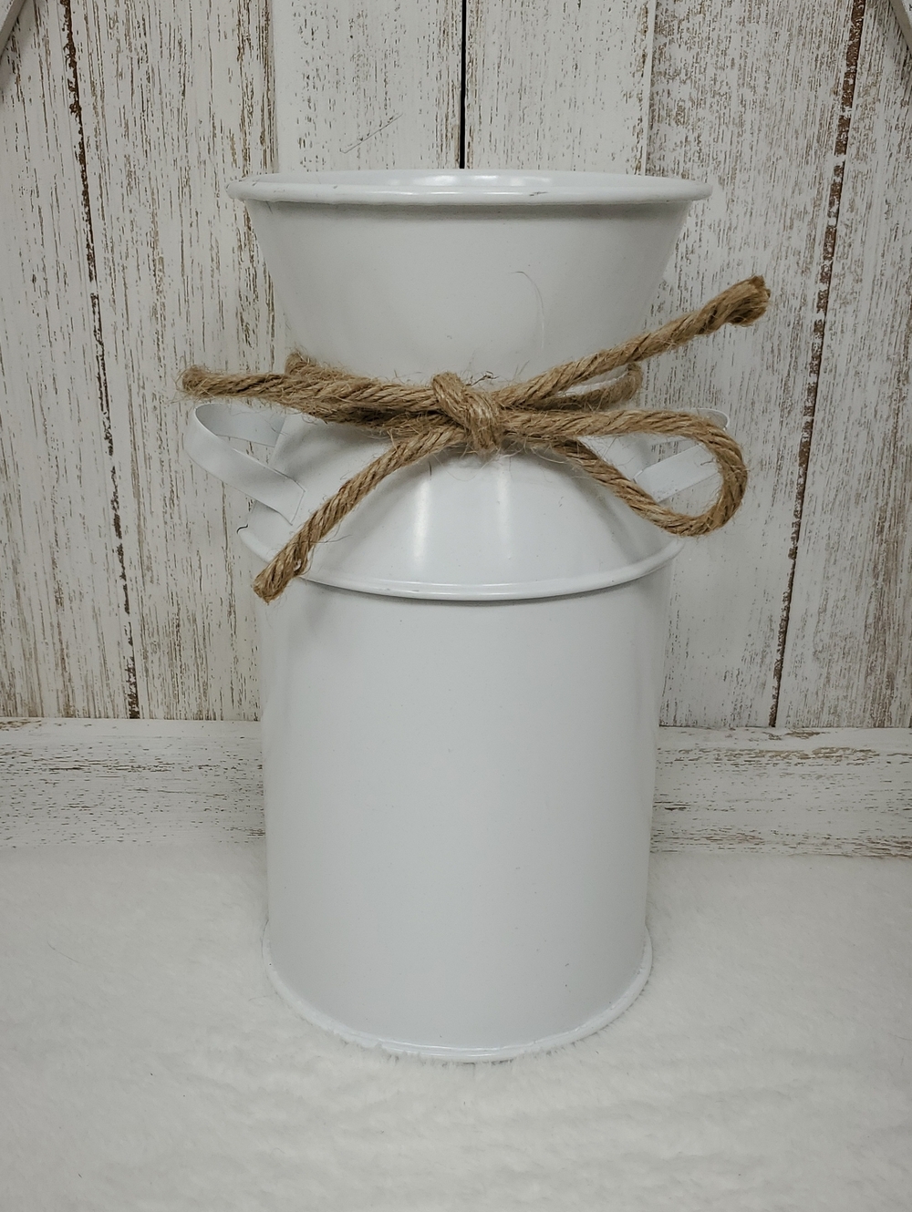 White Decorative Metal Milk Can Vase with Twine Bow
